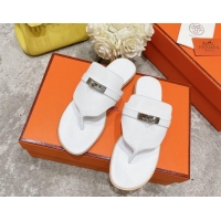 Classic Hot Hermes Kelly Swift Leather Flat Thong Sandals White 072803