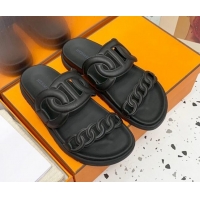 Top Design Hermes Chypre Swift Leather Slide Sandals Black 072804