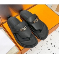 Good Product Hermes Kelly Leather Flat Thong Sandals Black 072808