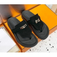 Purchase Hermes Kelly Suede Flat Thong Sandals Black 072809