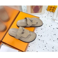 Popular Style Hermes Kelly Suede Flat Thong Sandals Grey 072810