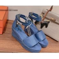 Good Looking Hermes Calfskin Wedge Platform Sandals 8.5cm Blue 081047