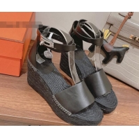 Top Grade Hermes Calfskin Wedge Platform Sandals 8.5cm Black Leather 081049