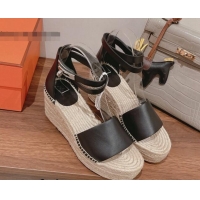 Hot Style Hermes Calfskin Wedge Platform Sandals 8.5cm Black/Beige 081052