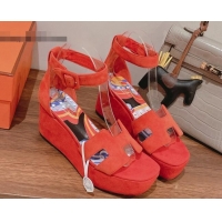 Discount Hermes Suede Platform Sandals with Silk Bandeau Orange 081054