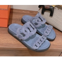 Classic Hermes Chypre Suede Slide Sandals Dusty Blue 081327