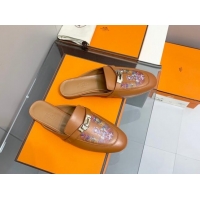 Grade Quality Hermes Kelly Printed Calfskin Flat Mules Brown 0825107