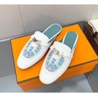 Best Price Hermes Kelly Printed Calfskin Flat Mules White 825108