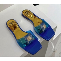 Perfect Valentino Crystal PVC Slide Sandals 052401 Blue