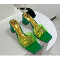 Low Cost Valentino Crystal PVC Mid-Heel Slide Sandals Green 052422