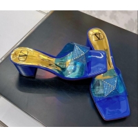 Grade Valentino Crystal PVC Mid-Heel Slide Sandals Blue 052424