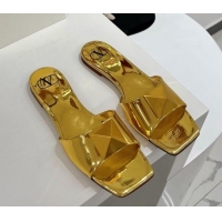 Best Grade Valentino One Stud Patent Leather Flat Slide Sandals Gold 052433