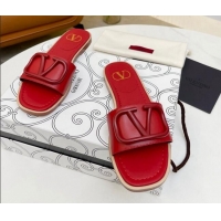 Leisure Valentino VLogo Leather Flat Slide Sandals Red 052456