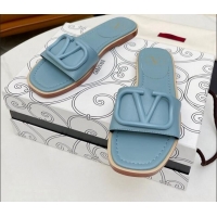 Sumptuous Valentino VLogo Leather Flat Slide Sandals Light Blue 052459