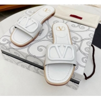 Best Product Valentino VLogo Leather Flat Slide Sandals White 052460