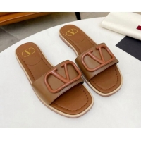 Popular Style Valentino VLogo Leather Flat Slide Sandals Brown 052461