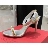 Pretty Style Valentino Rockstud Calfskin High Heel Sandals 10cm Silver 052468