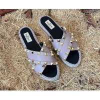 Good Quality Valentino Grained Calfskin Rockstud Cross Flat Slide Sandals Purple 052474