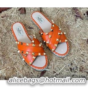 Classic Specials Valentino Grained Calfskin Rockstud Cross Flat Slide Sandals Orange 052475