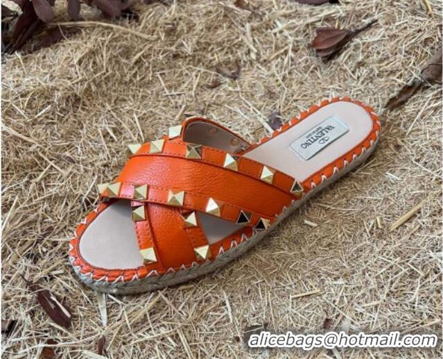 Classic Specials Valentino Grained Calfskin Rockstud Cross Flat Slide Sandals Orange 052475