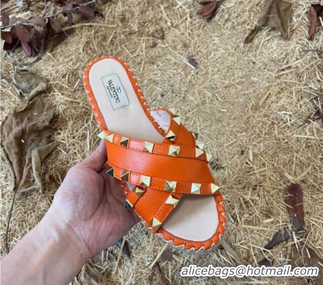 Classic Specials Valentino Grained Calfskin Rockstud Cross Flat Slide Sandals Orange 052475