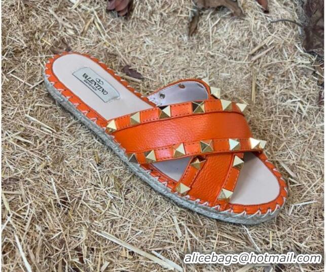 Classic Specials Valentino Grained Calfskin Rockstud Cross Flat Slide Sandals Orange 052475