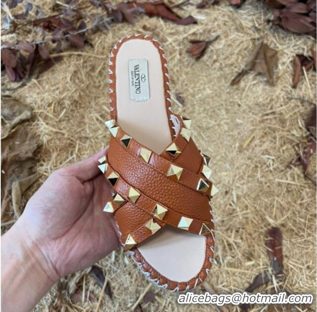 Best Price Valentino Grained Calfskin Rockstud Cross Flat Slide Sandals Brown 052476