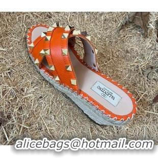 Good Product Valentino Grained Calfskin Rockstud Cross Wedge Slide Sandals Orange 052483