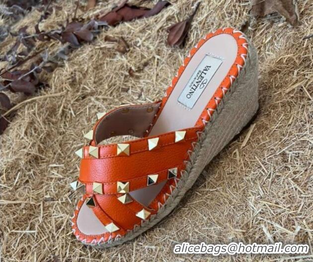 Good Product Valentino Grained Calfskin Rockstud Cross Wedge Slide Sandals Orange 052483