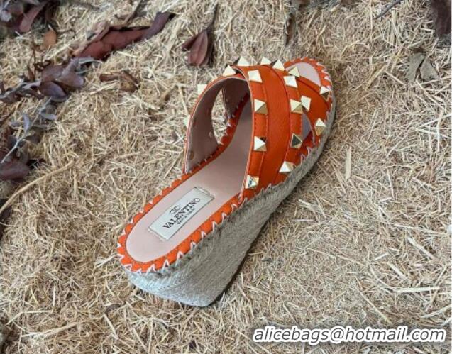 Good Product Valentino Grained Calfskin Rockstud Cross Wedge Slide Sandals Orange 052483