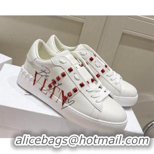 Luxury Valentino VLTN Calfskin Open Sneakers with Tonal Studs White/Red 052506