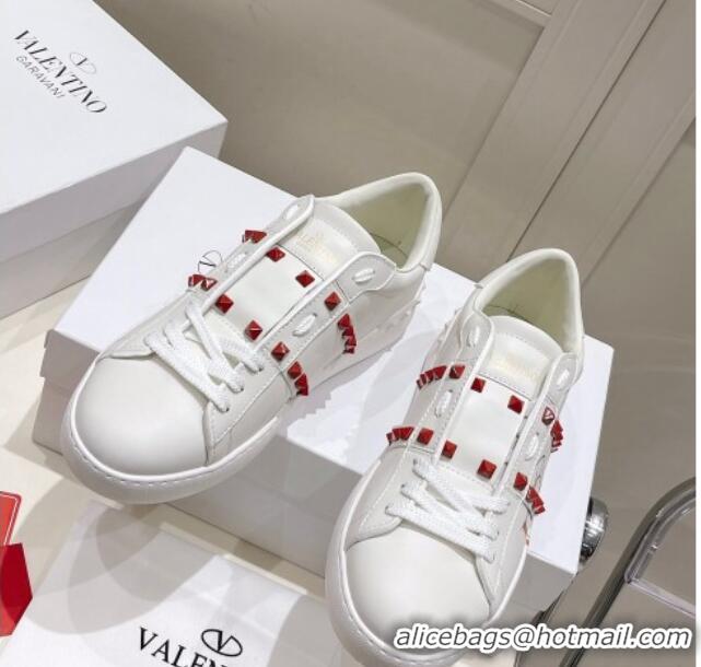 Luxury Valentino VLTN Calfskin Open Sneakers with Tonal Studs White/Red 052506