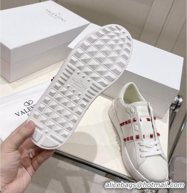 Luxury Valentino VLTN Calfskin Open Sneakers with Tonal Studs White/Red 052506