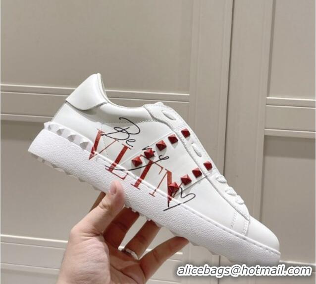 Luxury Valentino VLTN Calfskin Open Sneakers with Tonal Studs White/Red 052506