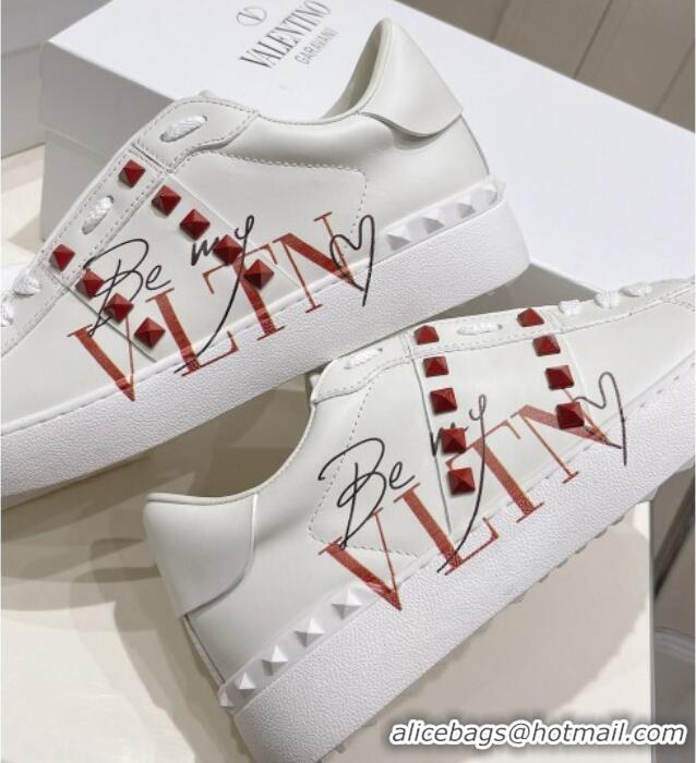 Luxury Valentino VLTN Calfskin Open Sneakers with Tonal Studs White/Red 052506