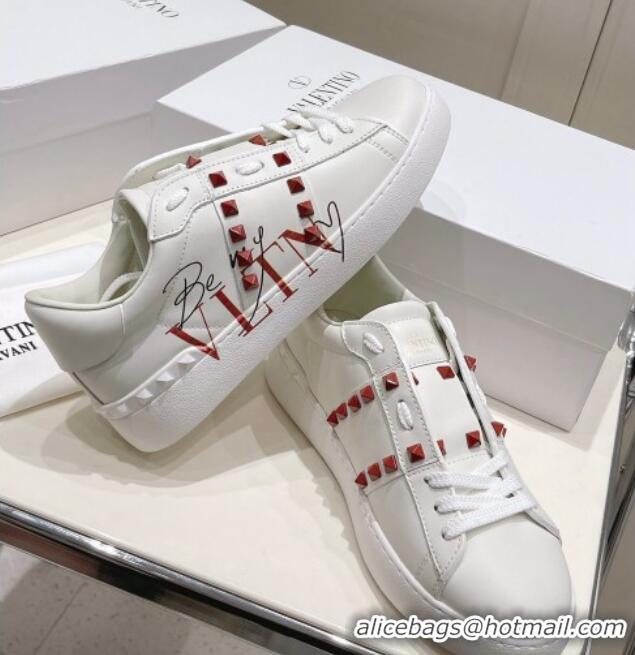 Luxury Valentino VLTN Calfskin Open Sneakers with Tonal Studs White/Red 052506