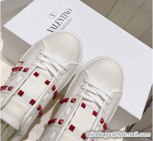 Luxury Valentino VLTN Calfskin Open Sneakers with Tonal Studs White/Red 052506