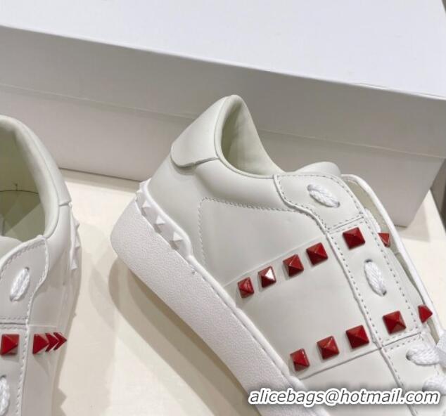 Luxury Valentino VLTN Calfskin Open Sneakers with Tonal Studs White/Red 052506