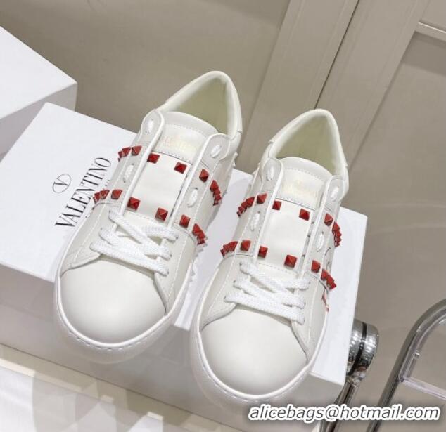 Luxury Valentino VLTN Calfskin Open Sneakers with Tonal Studs White/Red 052506