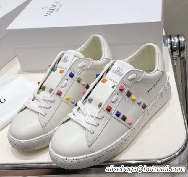 Charming Valentino Calfskin Open for a Change Sneakers with Multicolor Studs White 052508