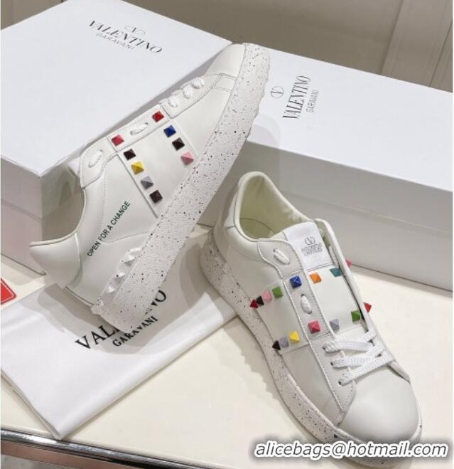 Charming Valentino Calfskin Open for a Change Sneakers with Multicolor Studs White 052508