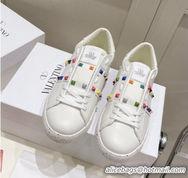 Charming Valentino Calfskin Open for a Change Sneakers with Multicolor Studs White 052508