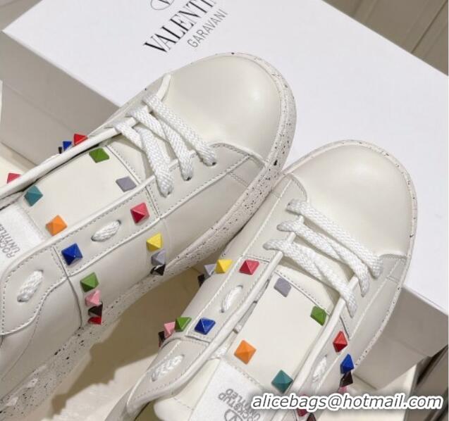 Charming Valentino Calfskin Open for a Change Sneakers with Multicolor Studs White 052508