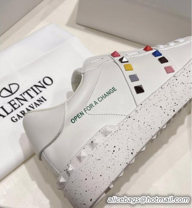 Charming Valentino Calfskin Open for a Change Sneakers with Multicolor Studs White 052508