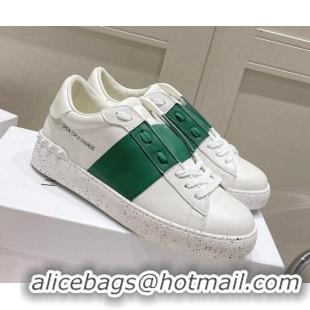 Top Grade Valentino Calfskin Open for a Change Sneakers with Green Stripe White 052510