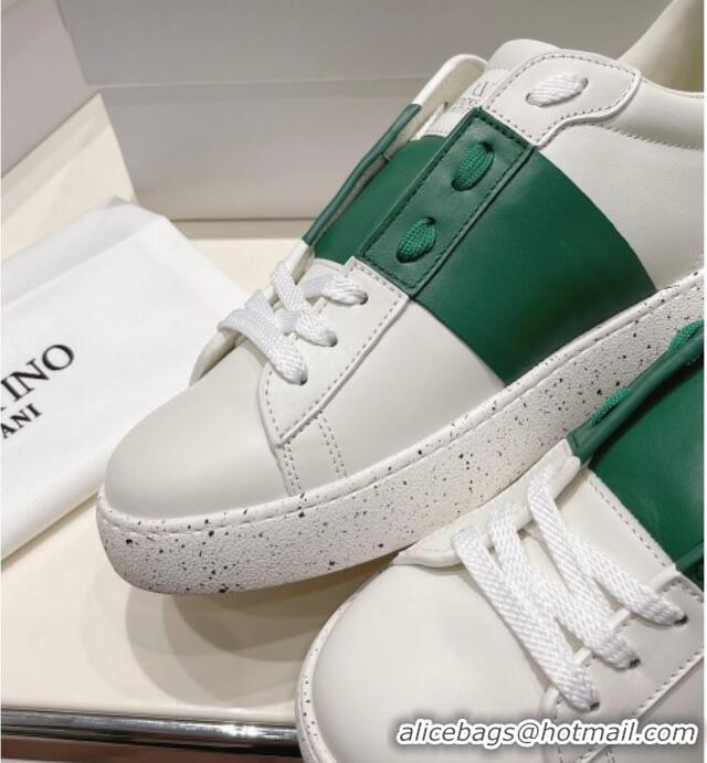 Top Grade Valentino Calfskin Open for a Change Sneakers with Green Stripe White 052510