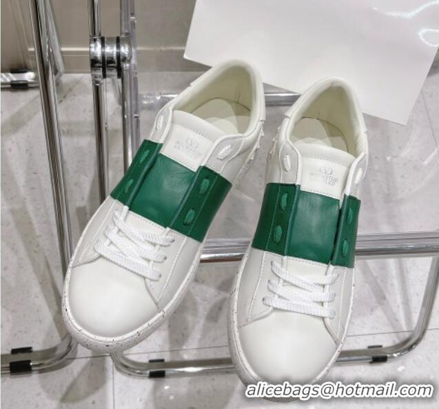 Top Grade Valentino Calfskin Open for a Change Sneakers with Green Stripe White 052510