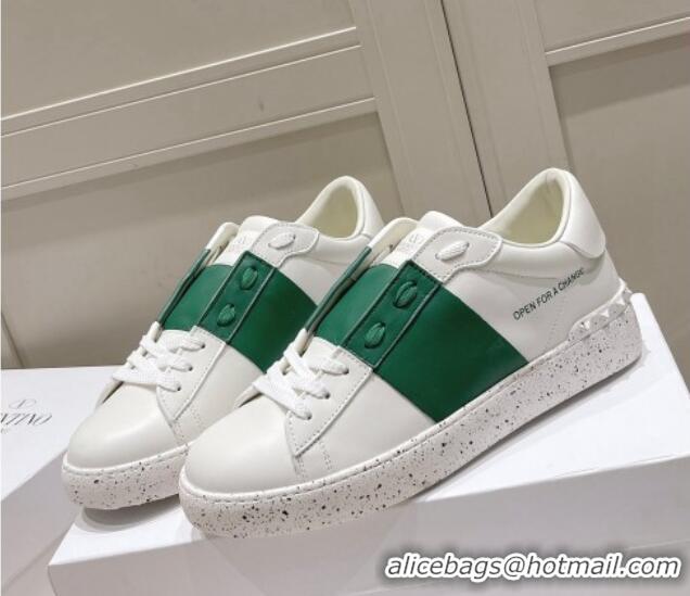 Top Grade Valentino Calfskin Open for a Change Sneakers with Green Stripe White 052510