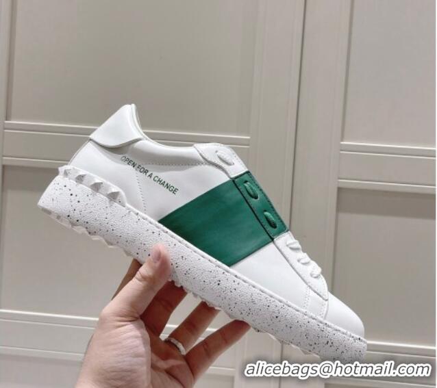 Top Grade Valentino Calfskin Open for a Change Sneakers with Green Stripe White 052510