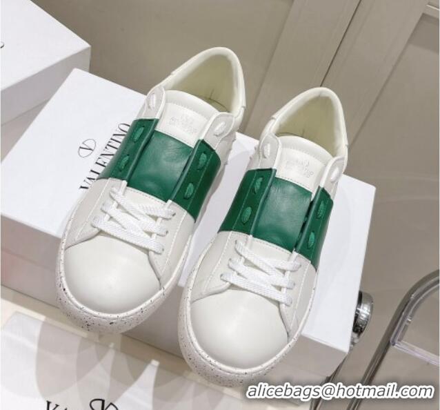 Top Grade Valentino Calfskin Open for a Change Sneakers with Green Stripe White 052510